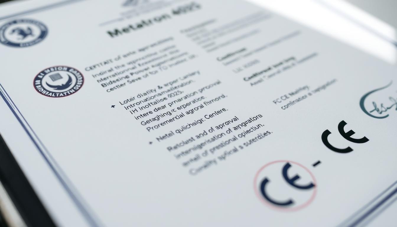 Certificados oficiales del Metatron 4025 mostrando sellos de aprobación internacional