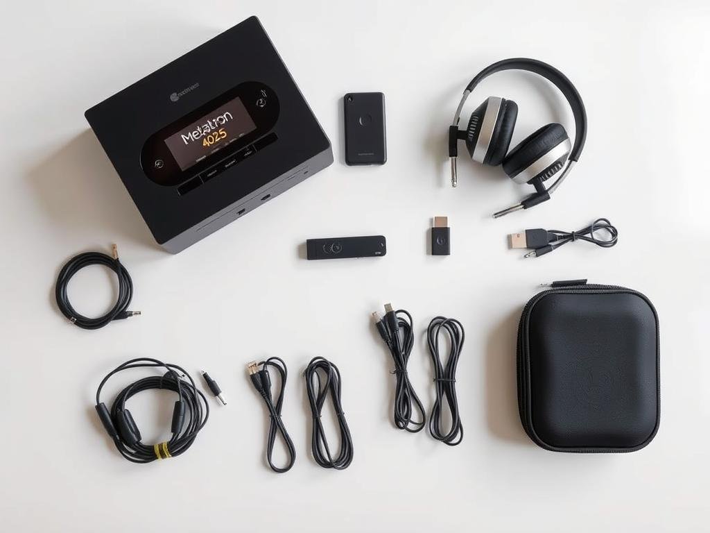 Componentes del sistema Metatron 4025 incluyendo auriculares bioconductores