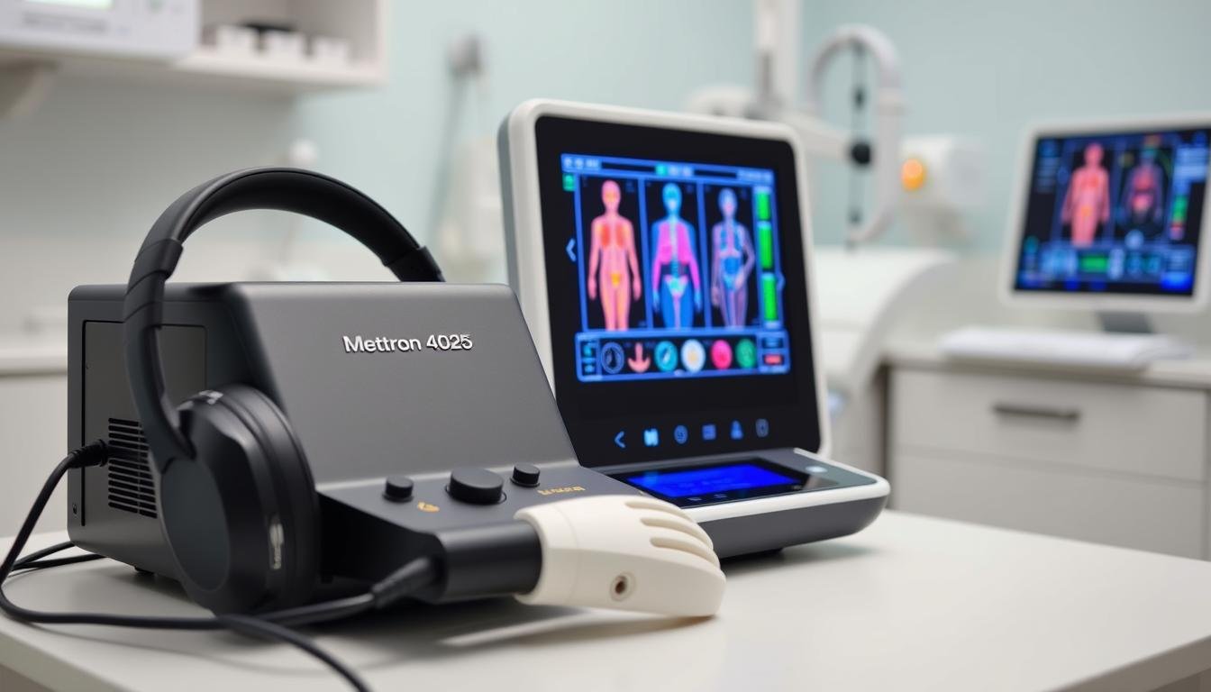 Dispositivo Metatron 4025 con sus componentes principales y pantalla de diagnóstico