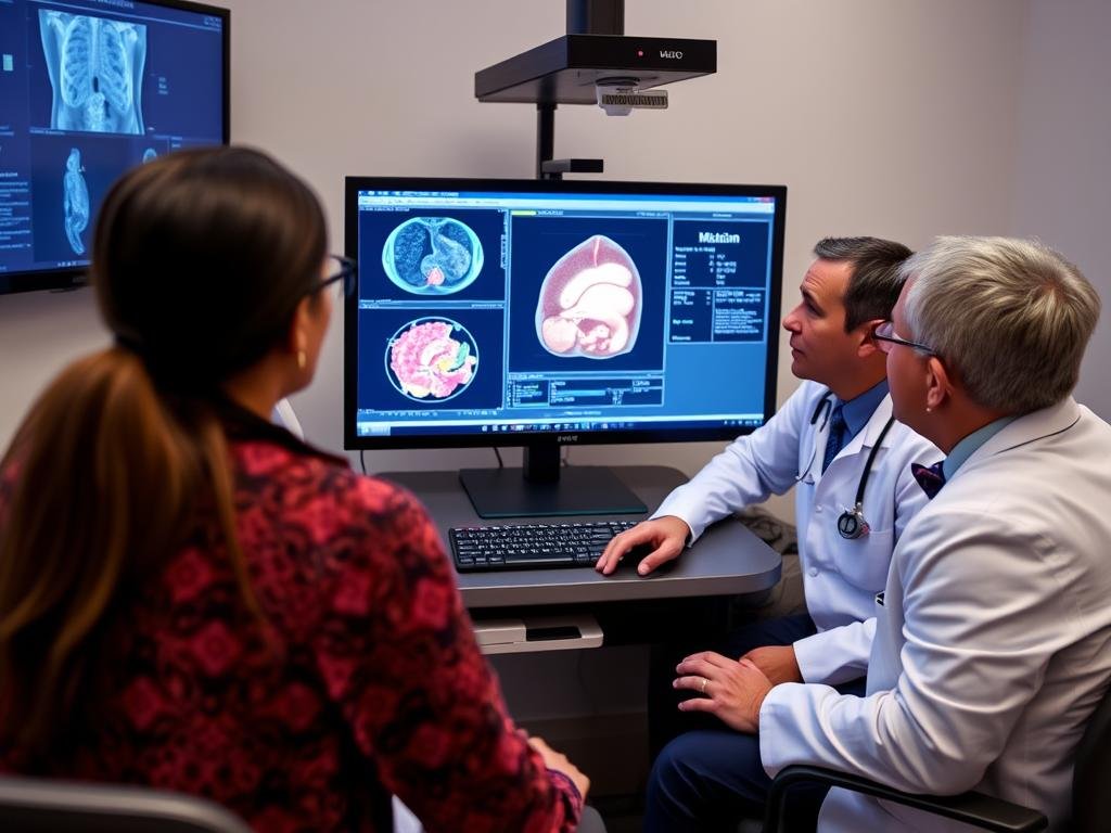 Equipo médico analizando resultados del Metatron 4025 en un caso oncológico