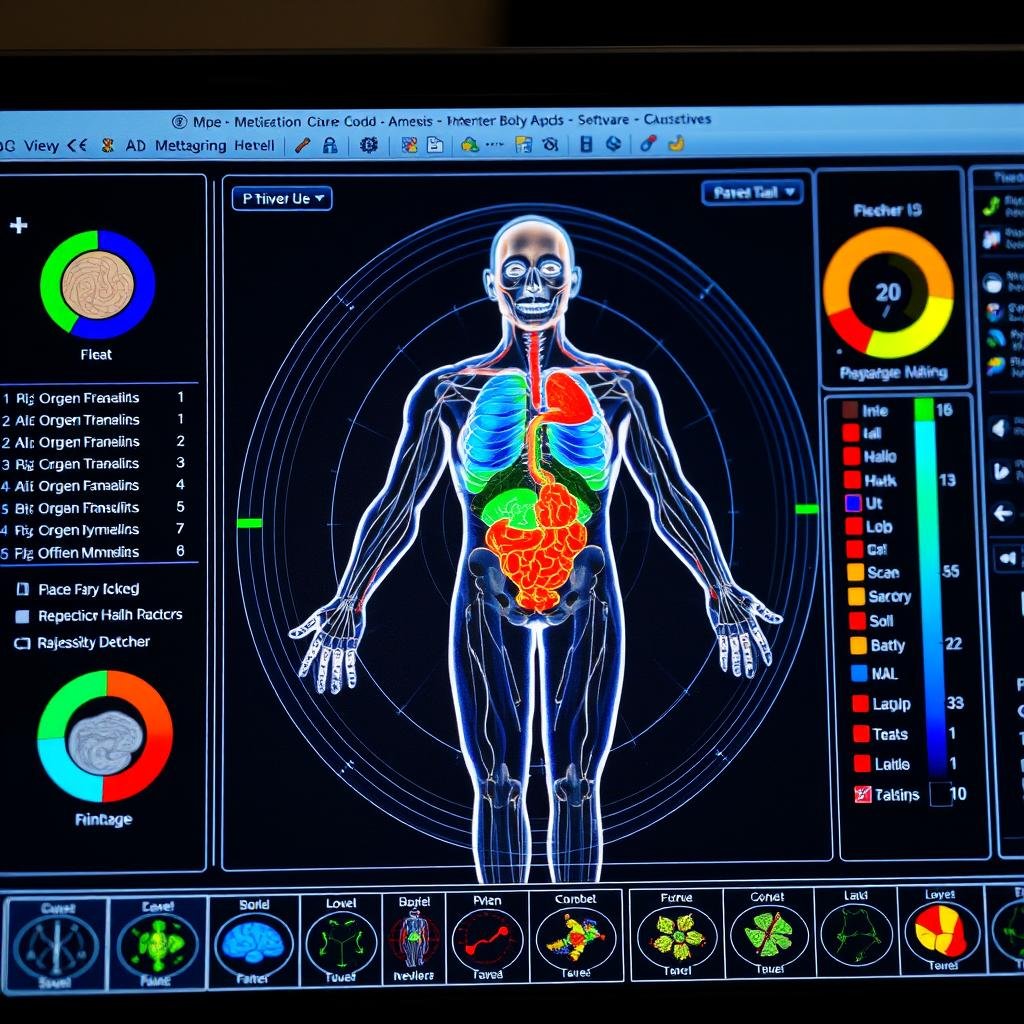 Interfaz de software del Metatron 4025 mostrando un análisis de órganos