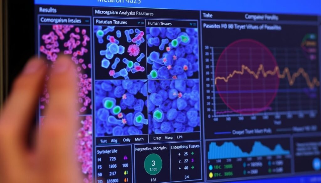 Pantalla del Metatron 4025 mostrando análisis de microorganismos