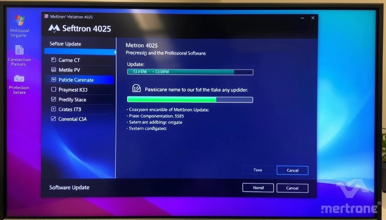 Proceso de actualización del software Metatron 4025 mostrando la interfaz de instalación