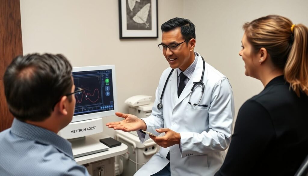 Profesional de la salud explicando resultados del Metatron 4025 a un paciente