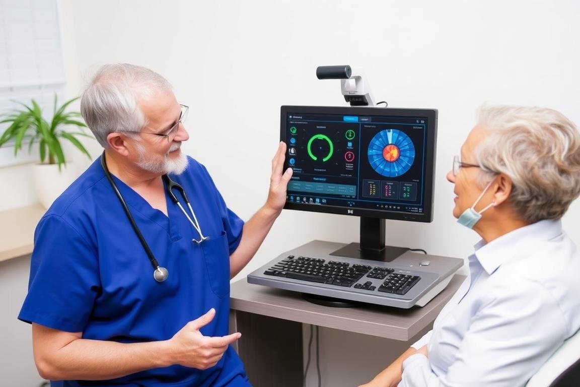 Profesional de la salud explicando resultados del Metatron 4025 a un paciente