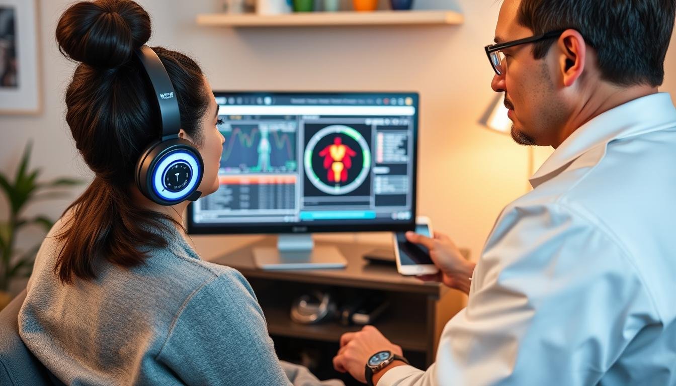 Profesional de la salud realizando un análisis con el Metatron 4025 a un paciente