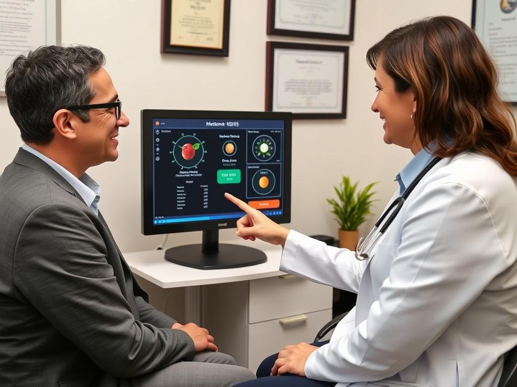 Profesional explicando resultados del Metatron 4025 a un paciente