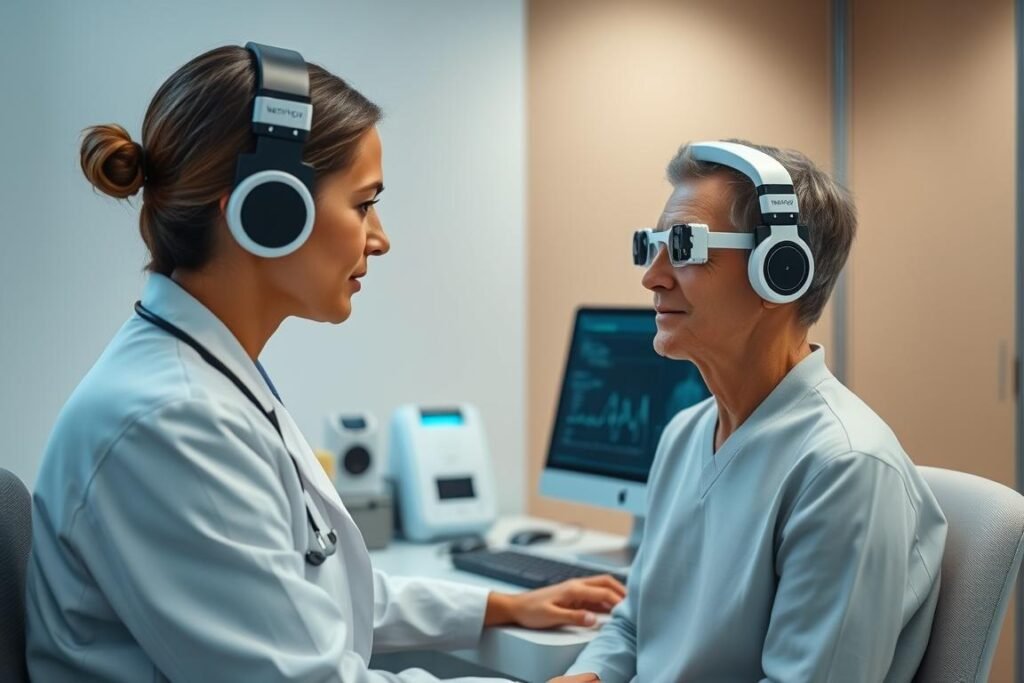 Profesional médico utilizando el Metatron 4025 para diagnóstico de paciente