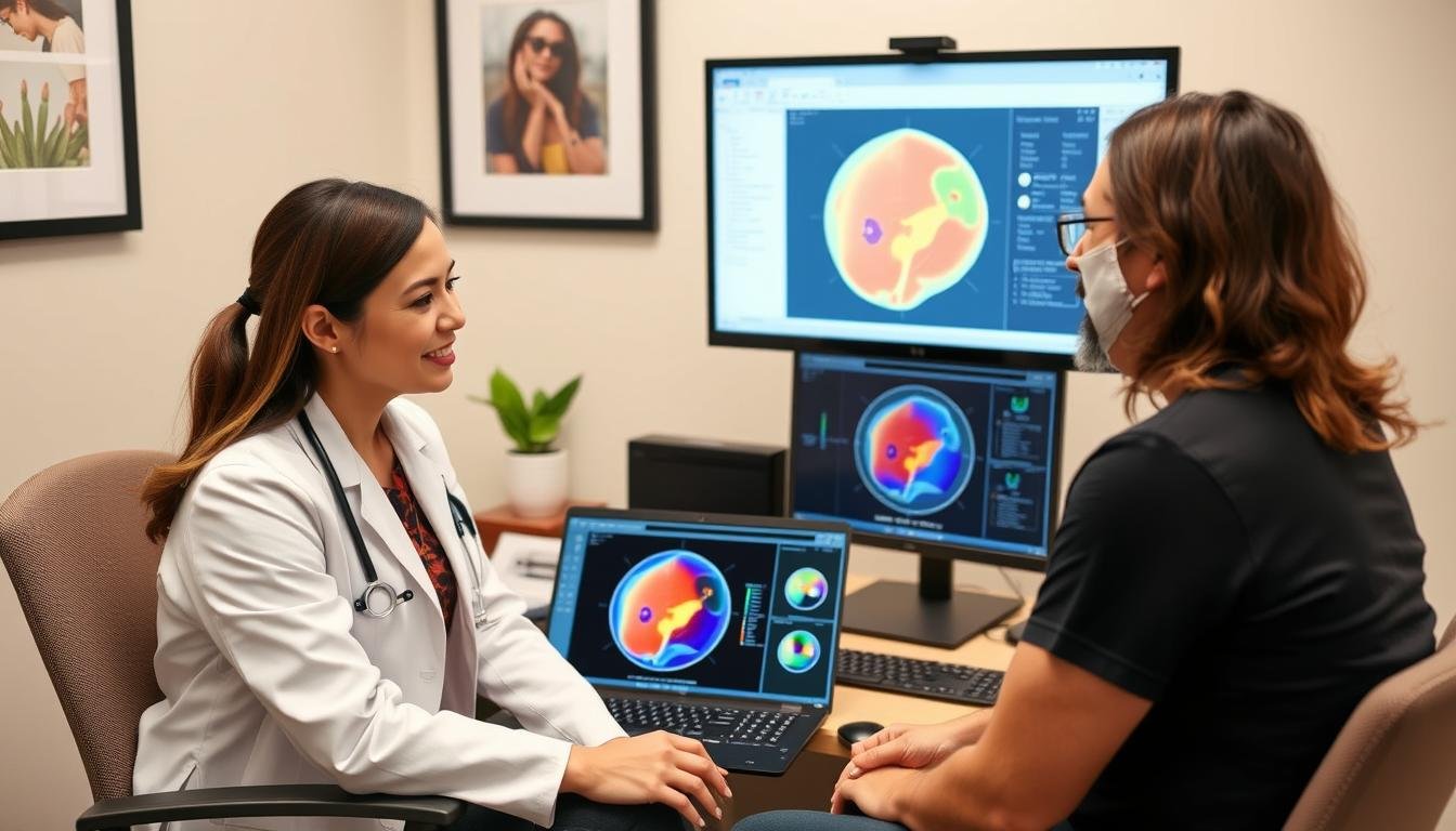 Profesional y paciente revisando resultados del análisis con Metatron 4025