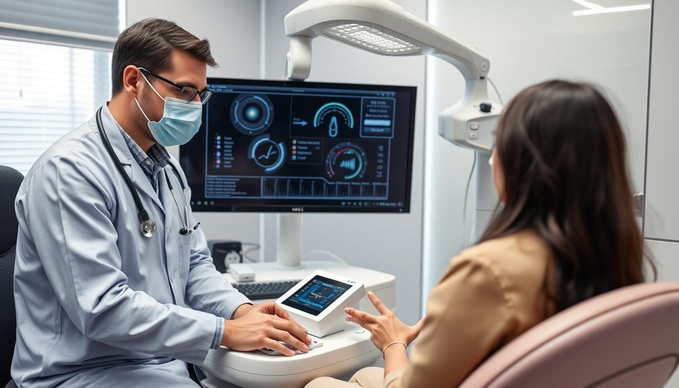 Profesionales de la salud utilizando el Metatron 4025 en una clínica moderna