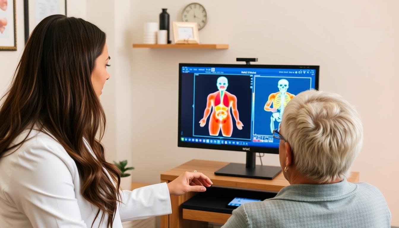 Terapeuta analizando resultados del Metatron 4025 con un paciente