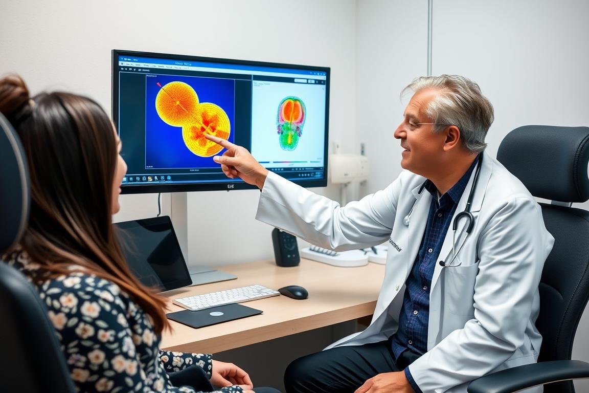 Terapeuta explicando resultados del Metatron 4025 a un paciente
