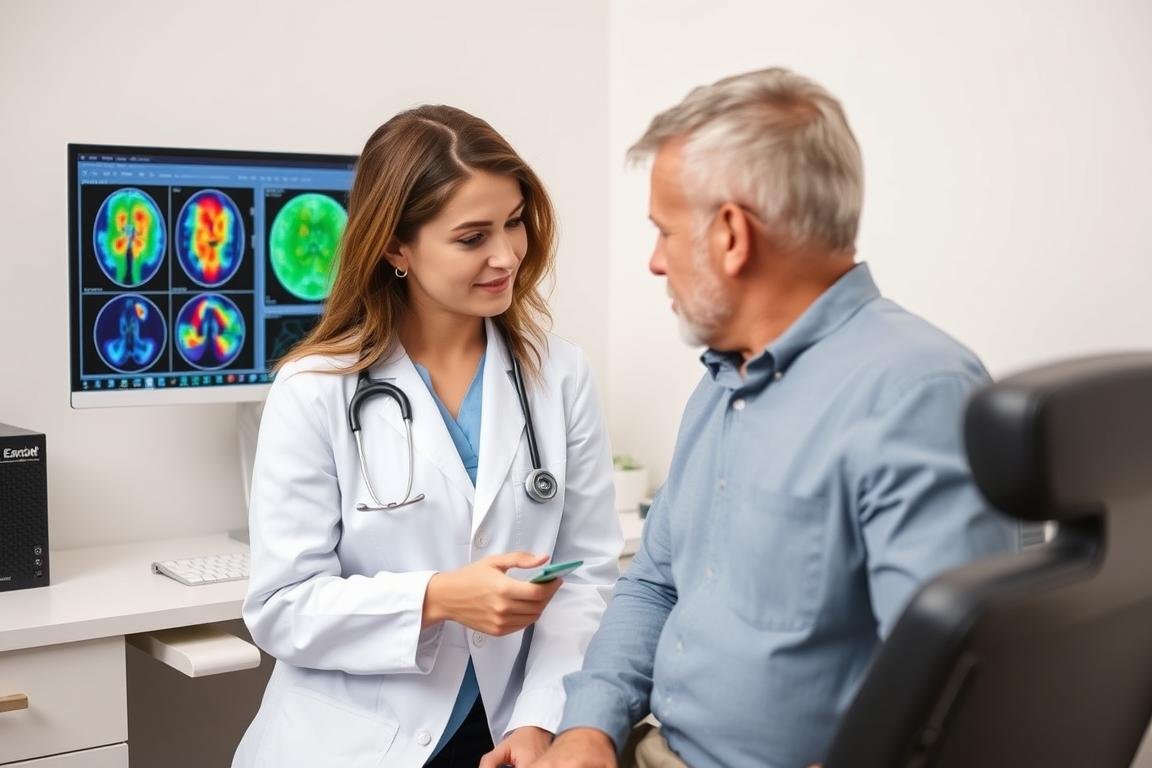 Dra. Sánchez explicando resultados del Metatron 4025 a un paciente