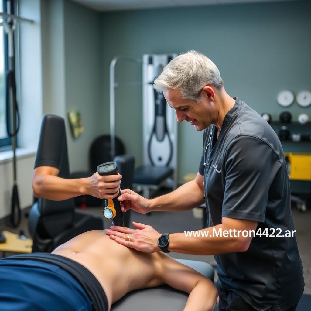 Fisioterapeuta evaluando lesiones deportivas con Metatron 4025