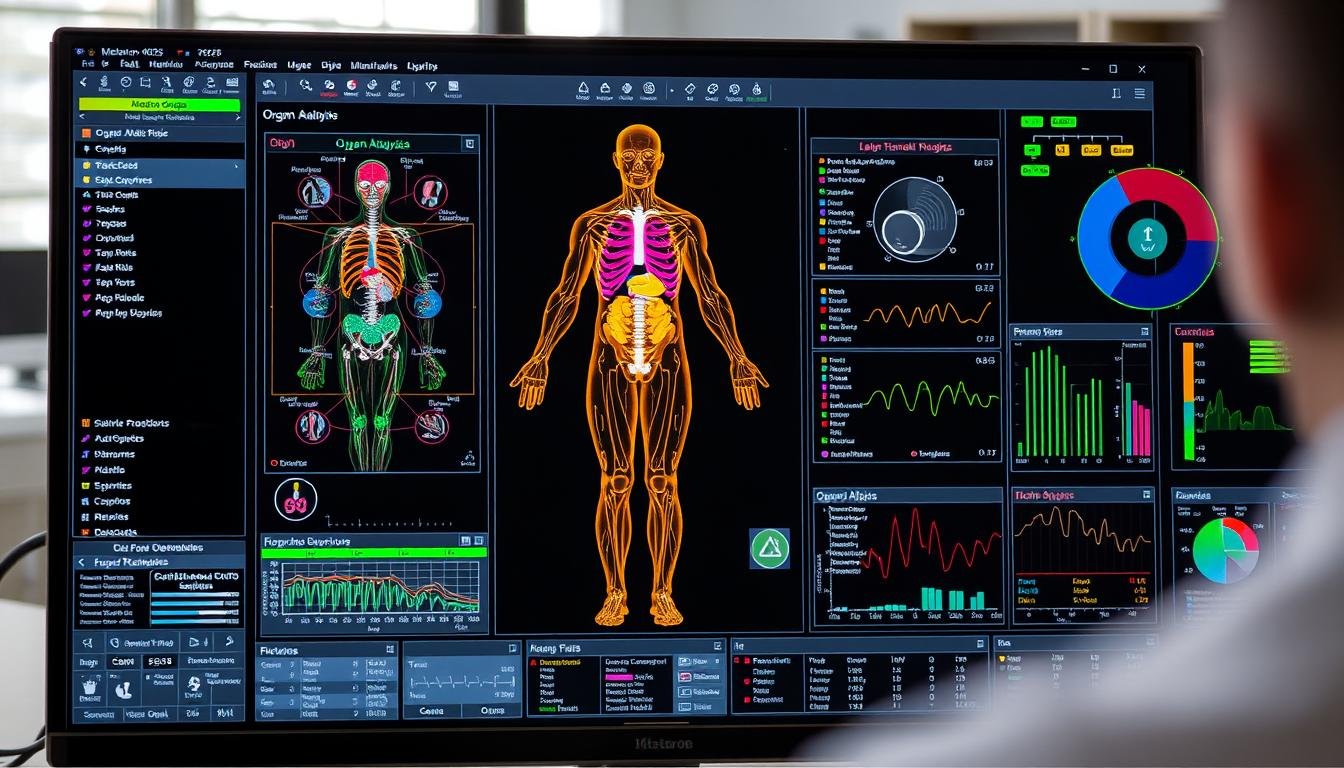 Interfaz de software del Metatron Hunter 4025 NLS mostrando análisis detallado de órganos