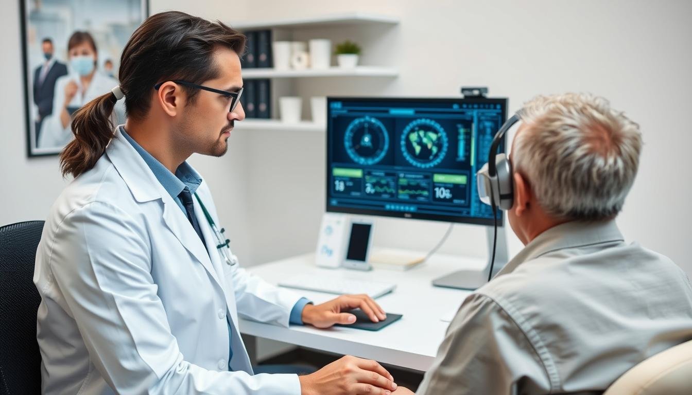 Médico utilizando Metatron 4025 para diagnóstico bioenergético