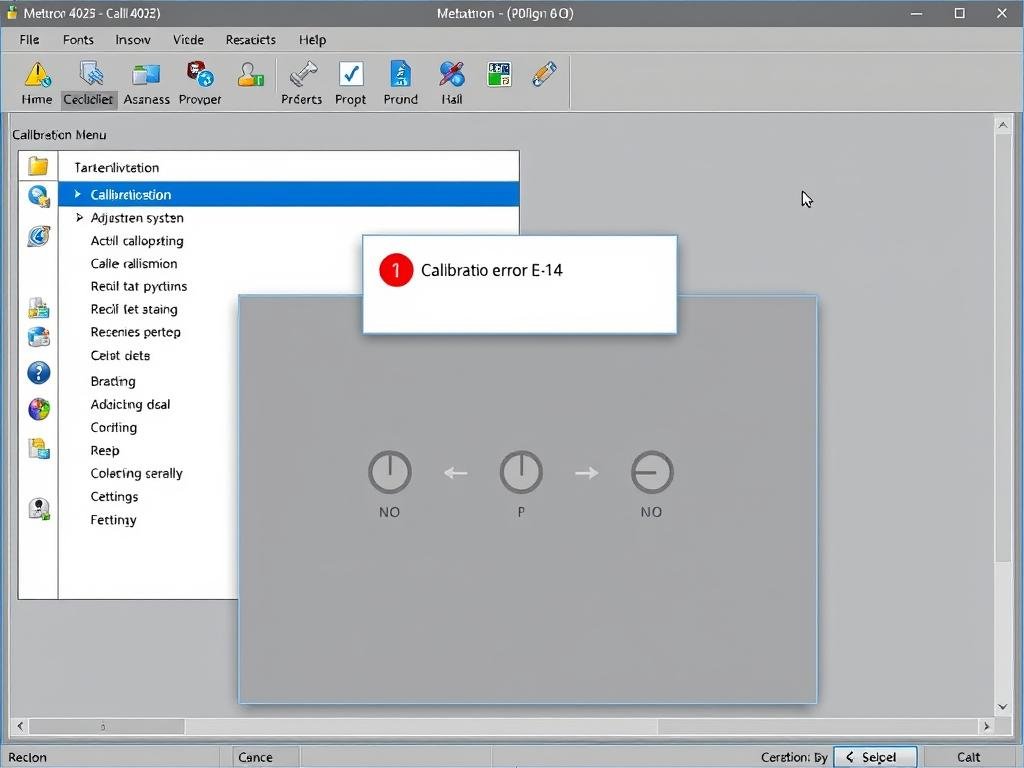 Pantalla de error E-14 del Metatron 4025 con instrucciones de calibración