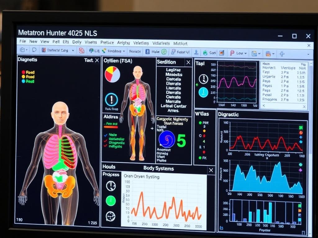 Pantalla mostrando análisis de sistemas corporales con Metatron Hunter 4025 NLS