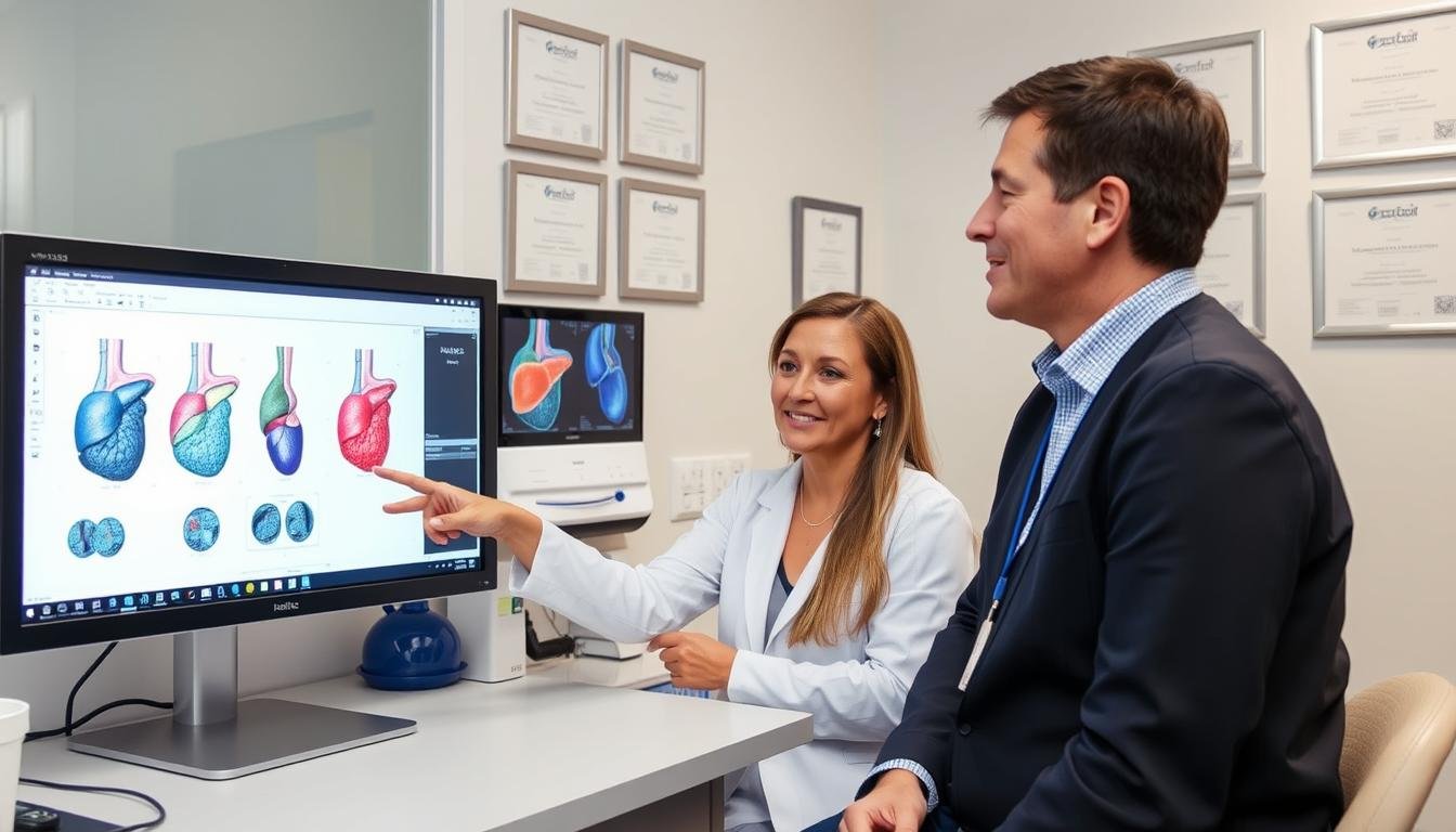 Profesional de la salud explicando resultados del Metatron Hunter 4025 NLS a un paciente