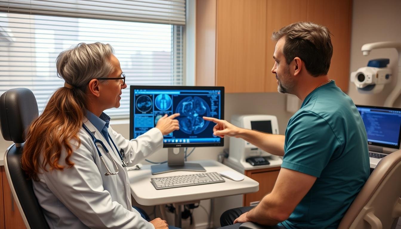 Profesional de la salud explicando resultados del Metatron Hunter 4025 NLS a un paciente