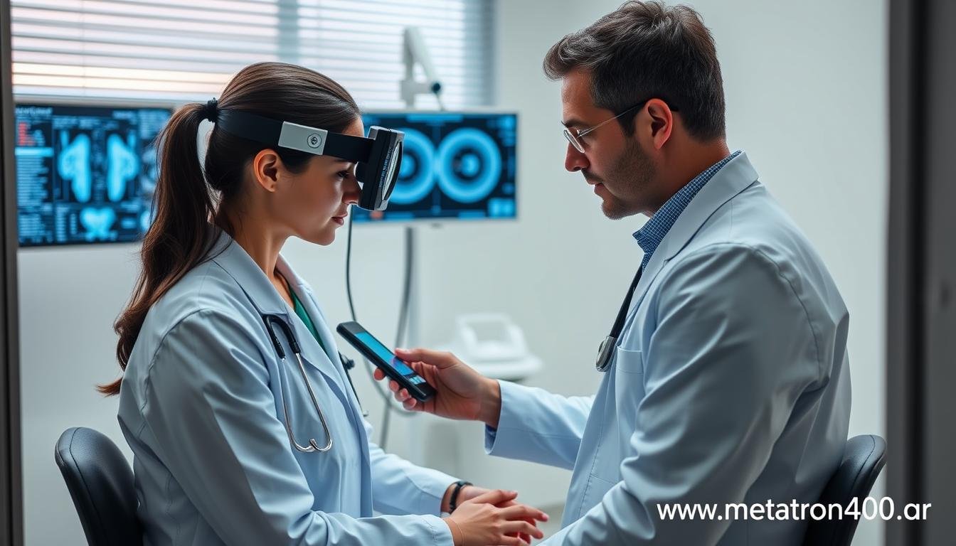 Profesional de la salud utilizando el Metatron 4025 con un paciente en consultorio argentino