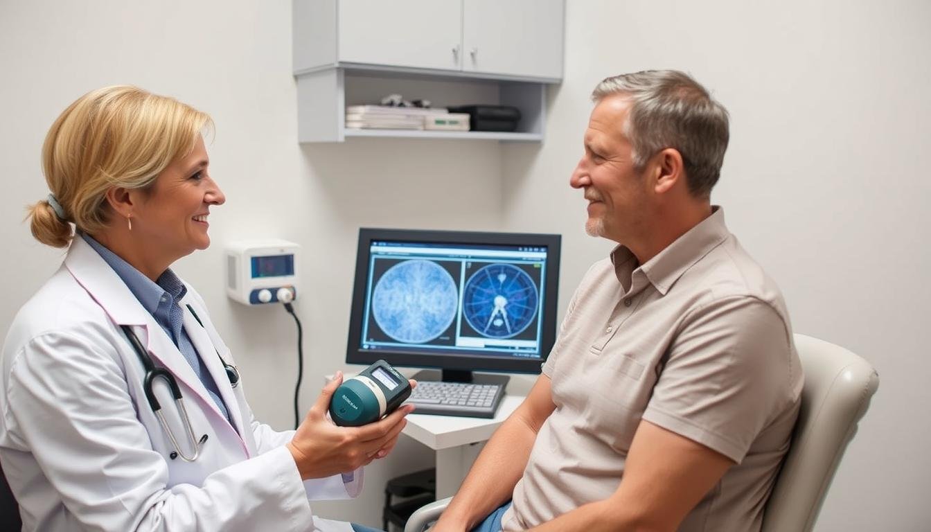 Profesional de la salud utilizando el Metatron Hunter 4025 con un paciente