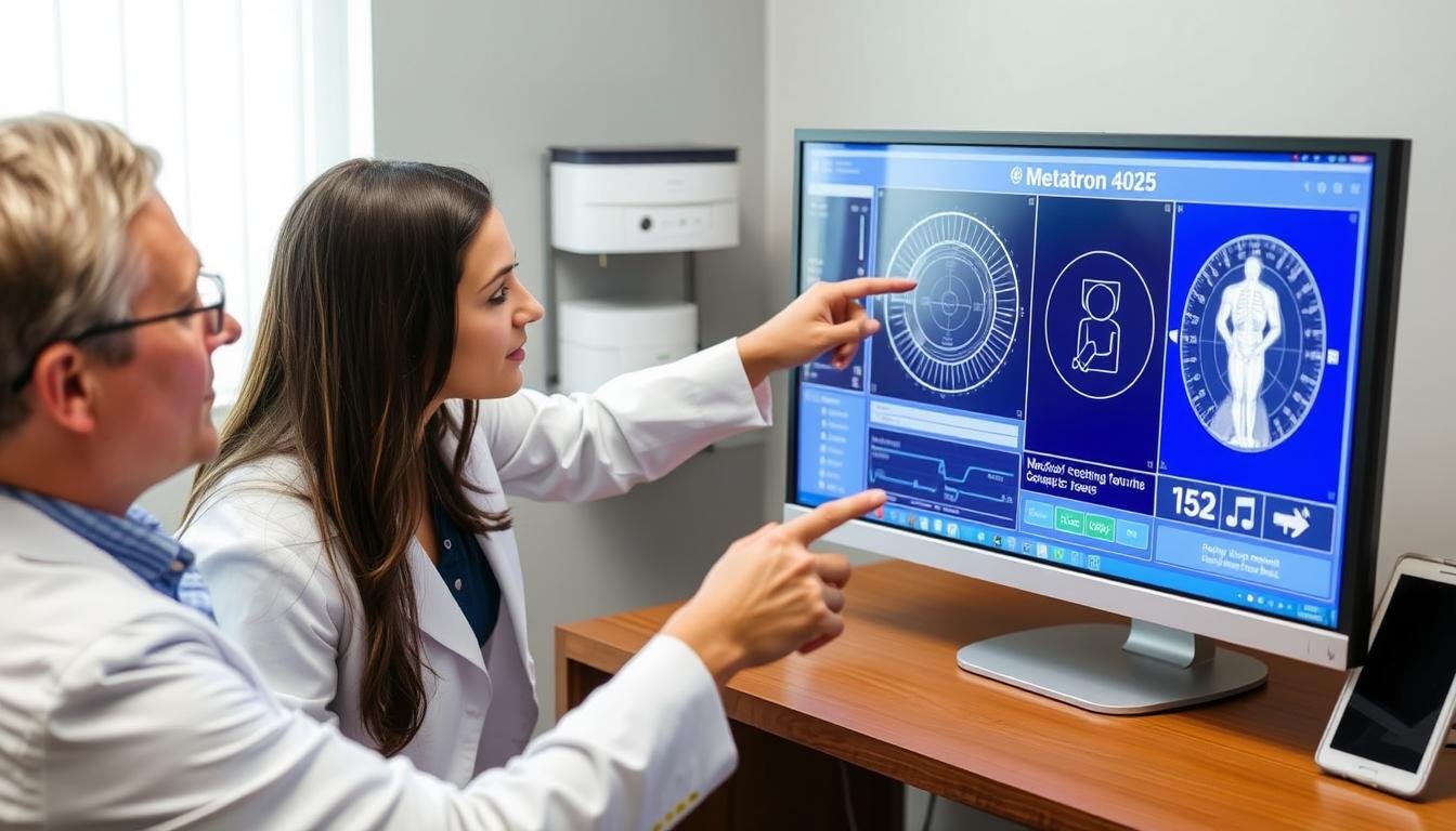 Terapeuta revisando resultados del Metatron 4025 con un paciente