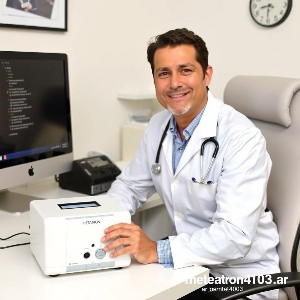 Lic. Gómez en su consultorio con el sistema Metatron 4025 NLS