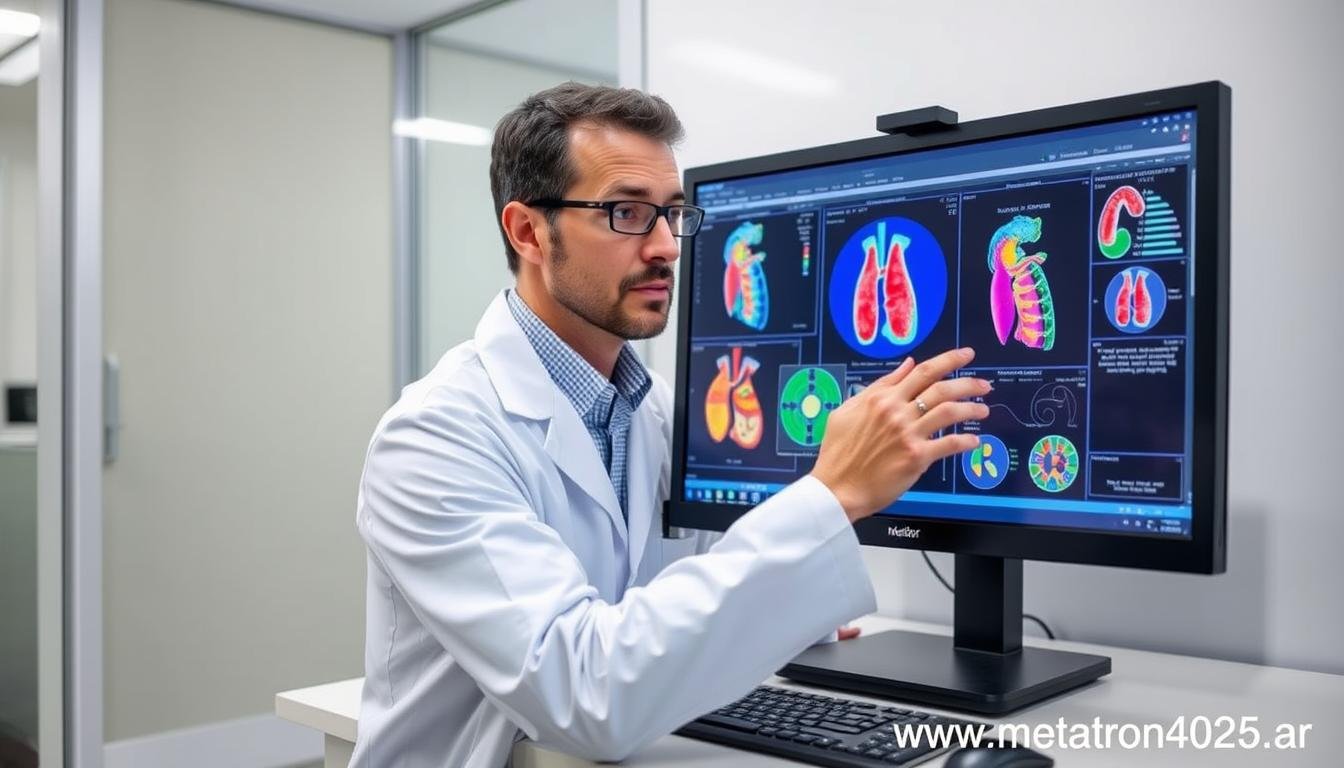 Profesional de la salud analizando resultados del Metatron Hunter 4025 NLS