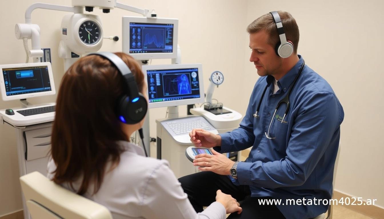 Profesional de la salud utilizando el Metatron Hunter 4025 con un paciente