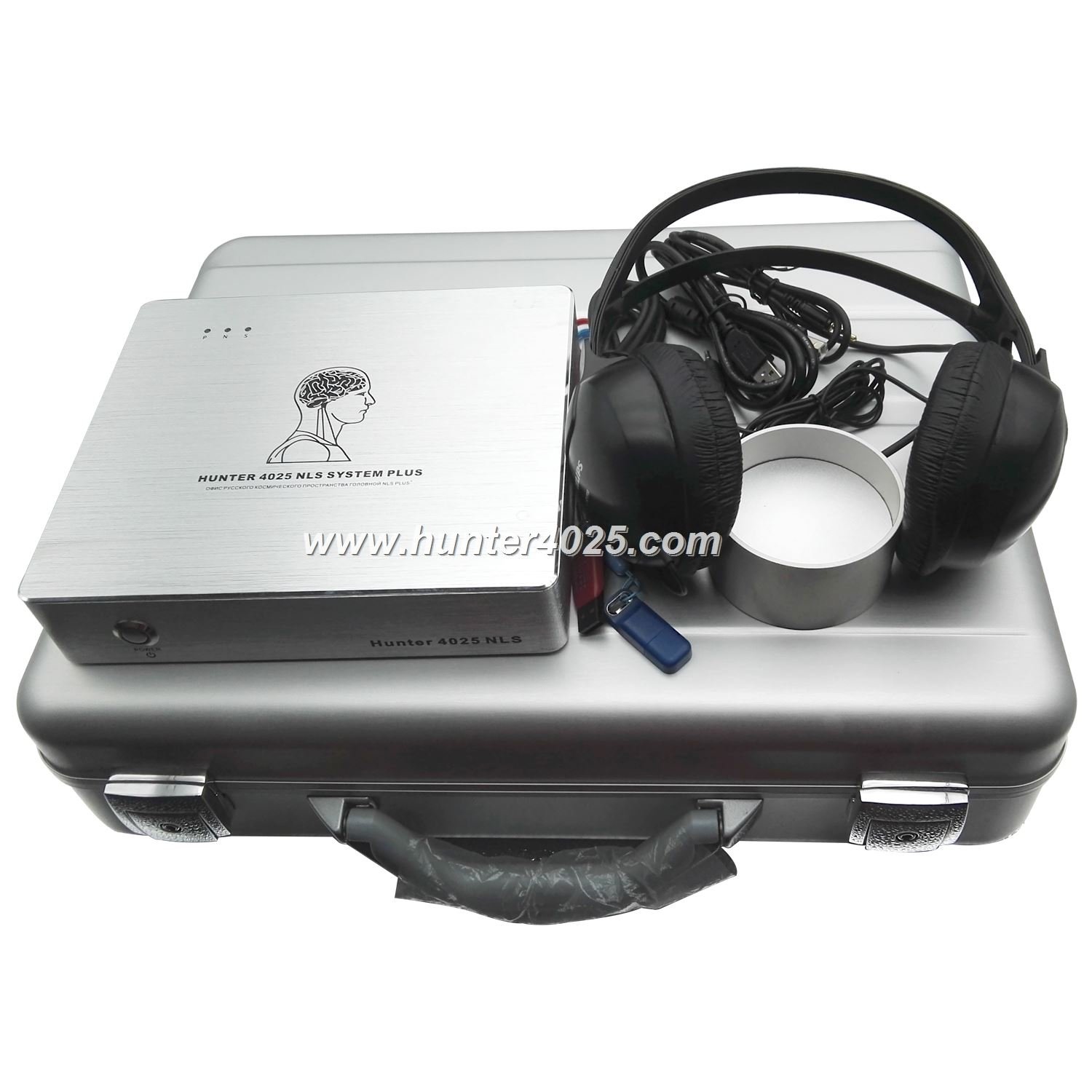 Metatron Hunter 4025 NLS dispositivo principal con auriculares sensores sobre escritorio profesional