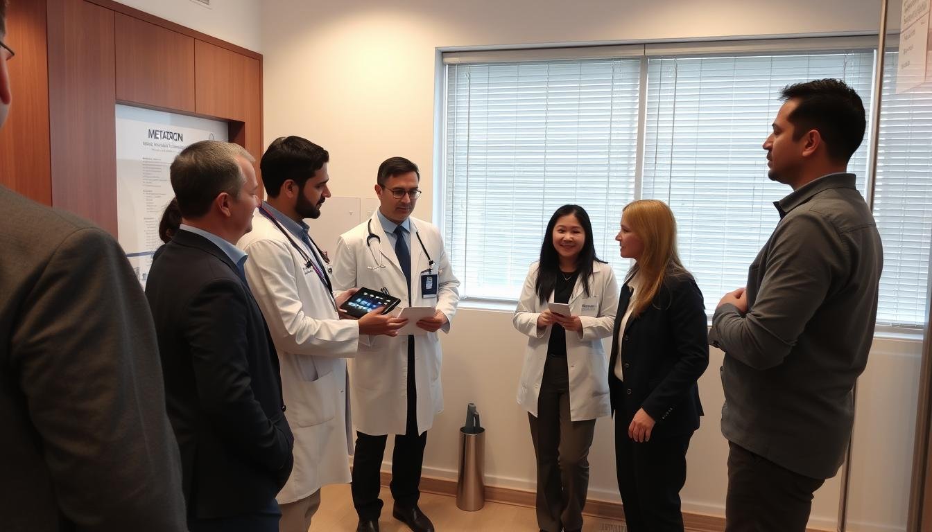 Profesional médico presentando el dispositivo Metatron Hunter 4025 a colegas en Argentina