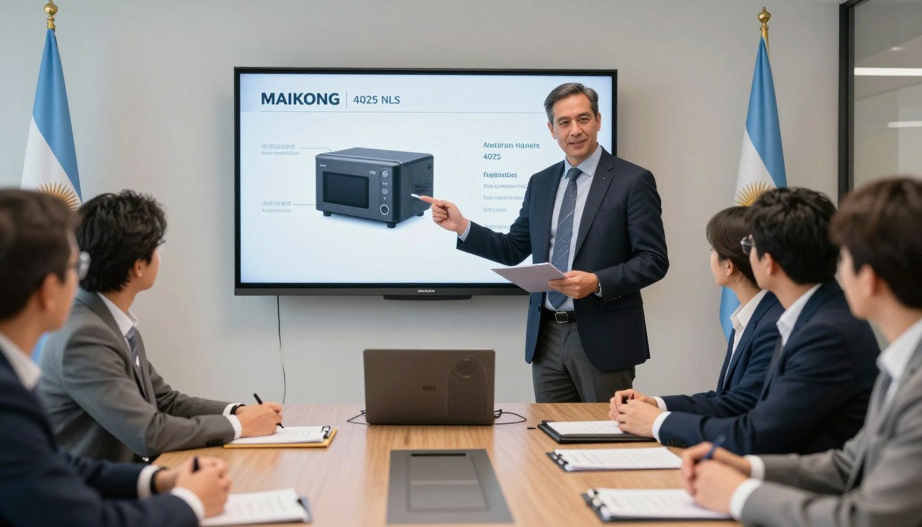 Representante de MAIKONG presentando el Metatron Hunter 4025 NLS a potenciales distribuidores en Argentina