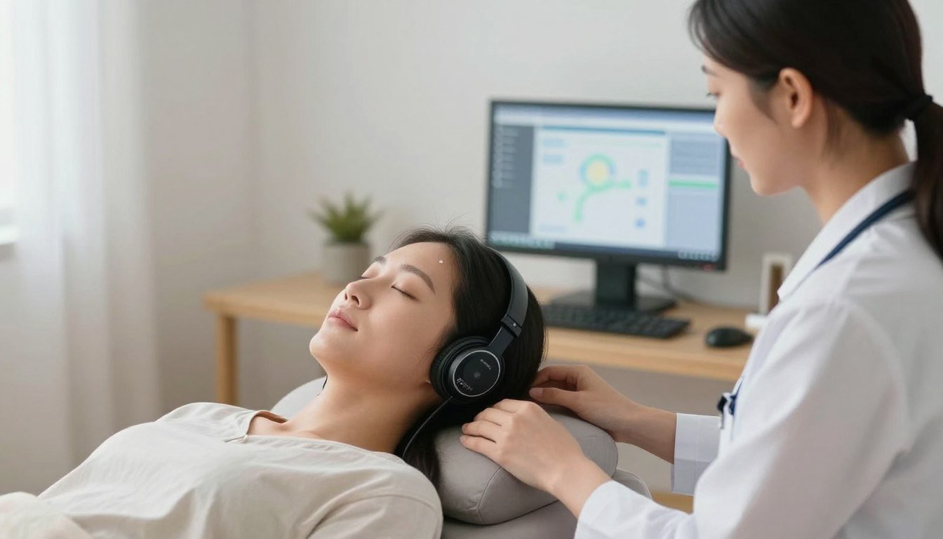 Terapeuta realizando sesión meta-terapia con Metatron Hunter paciente relajado