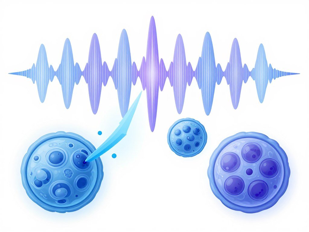 Diagrama conceptual de ondas electromagnéticas interactuando con células