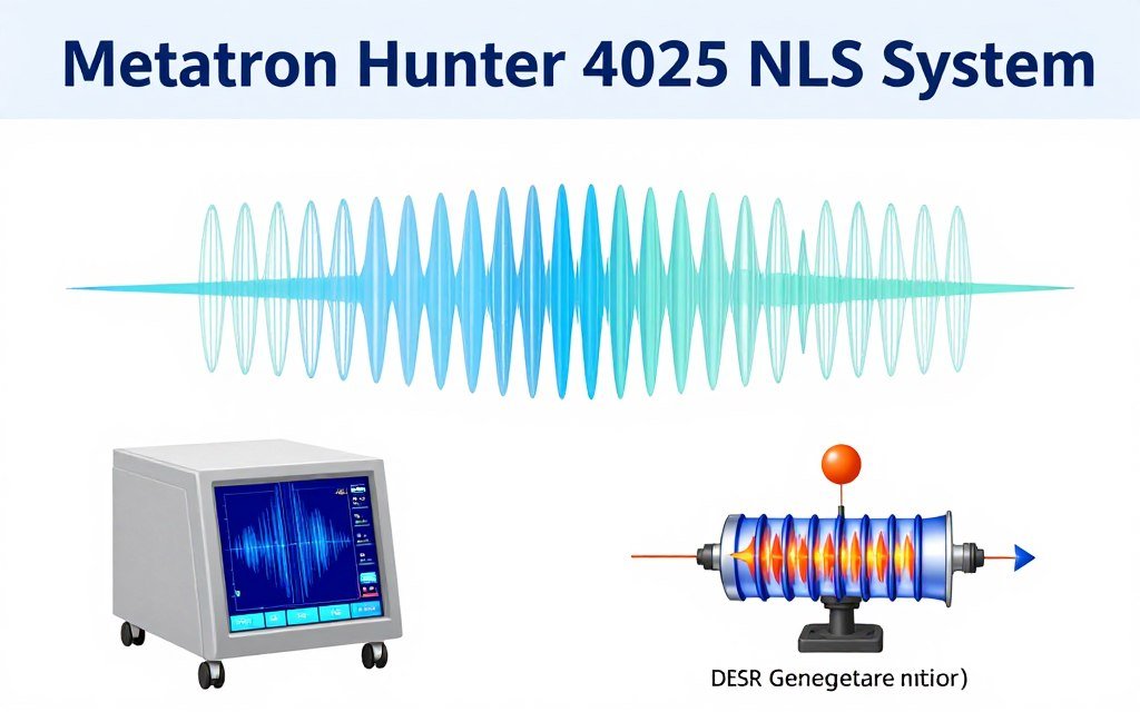 Diagrama técnico mostrando principios de resonancia magnética del Metatron Hunter 4025 NLS