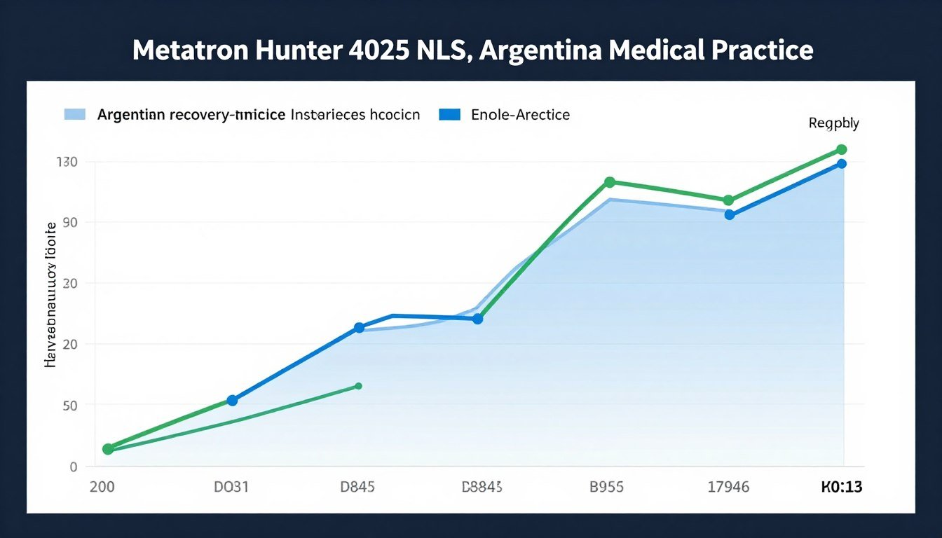 Gráfico financiero mostrando proyección de retorno de inversión del Metatron Hunter 4025 NLS para consultorio argentino con curvas de ingresos crecientes