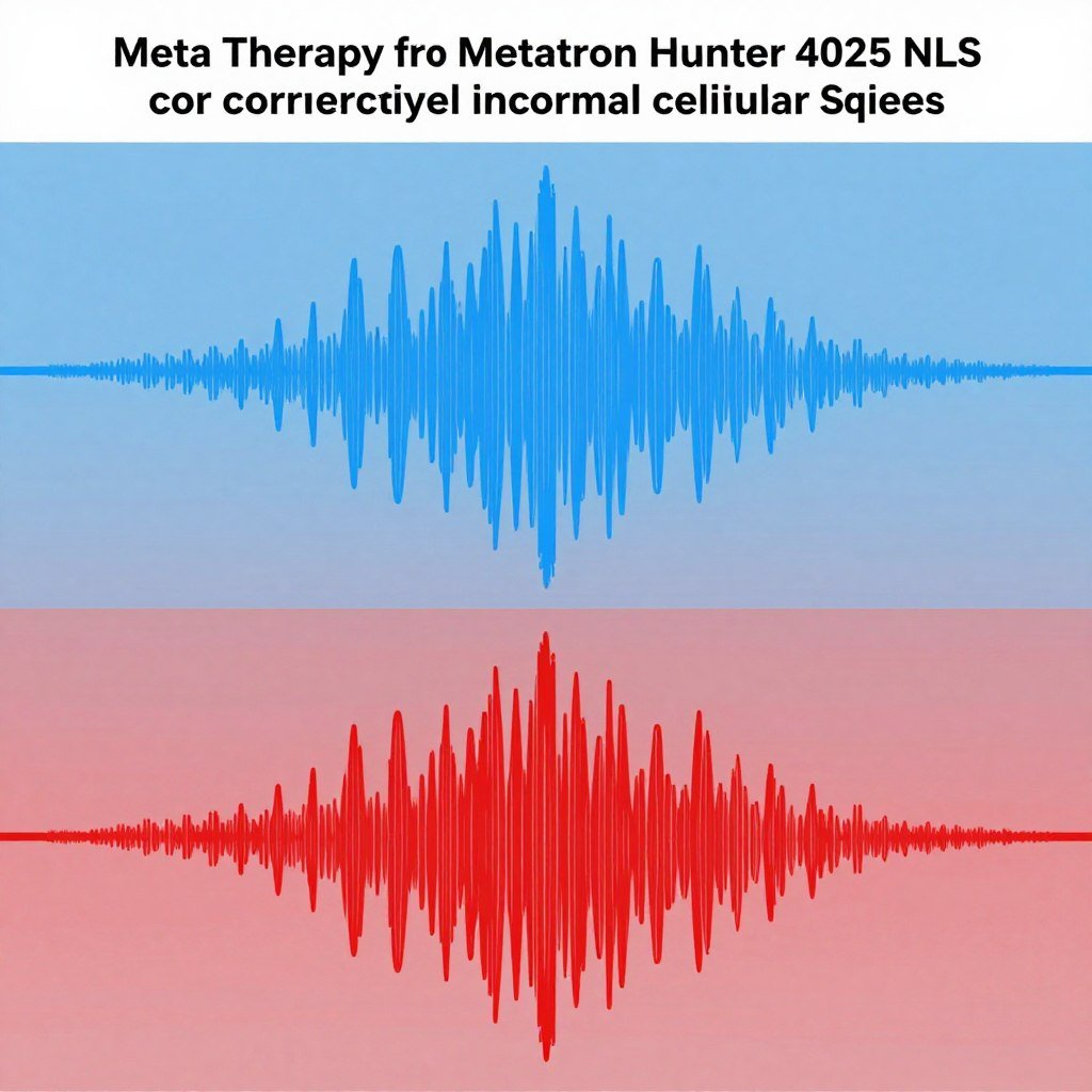 Ilustración conceptual de ondas electromagnéticas Meta Terapia del Metatron Hunter 4025 NLS corrigiendo frecuencias celulares anormales