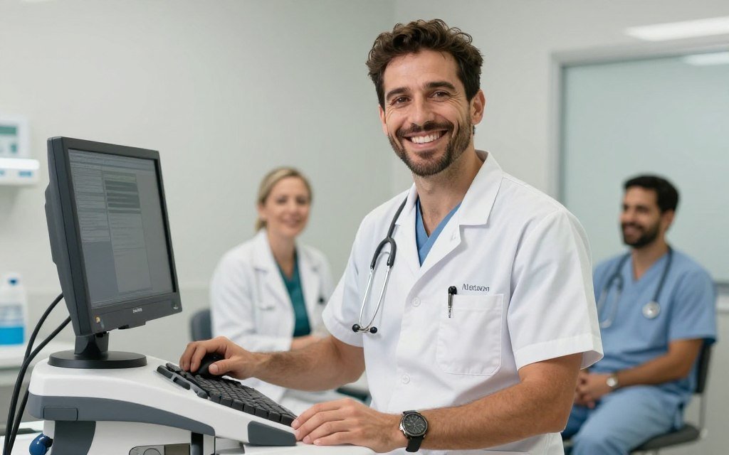 Profesional salud exitoso usando Metatron Hunter consultorio moderno Profesional salud exitoso usando Metatron Hunter consultorio moderno