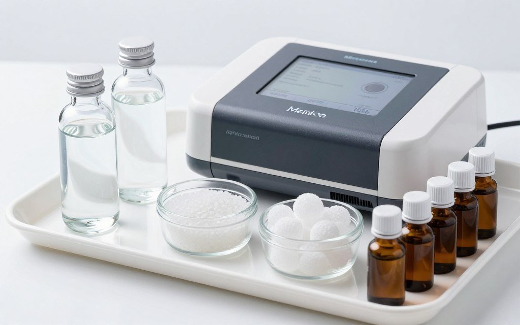 Set de preparados informacionales creados con Metatron Hunter 4025 NLS función Reprinter incluyendo frascos de agua, glóbulos y tinturas