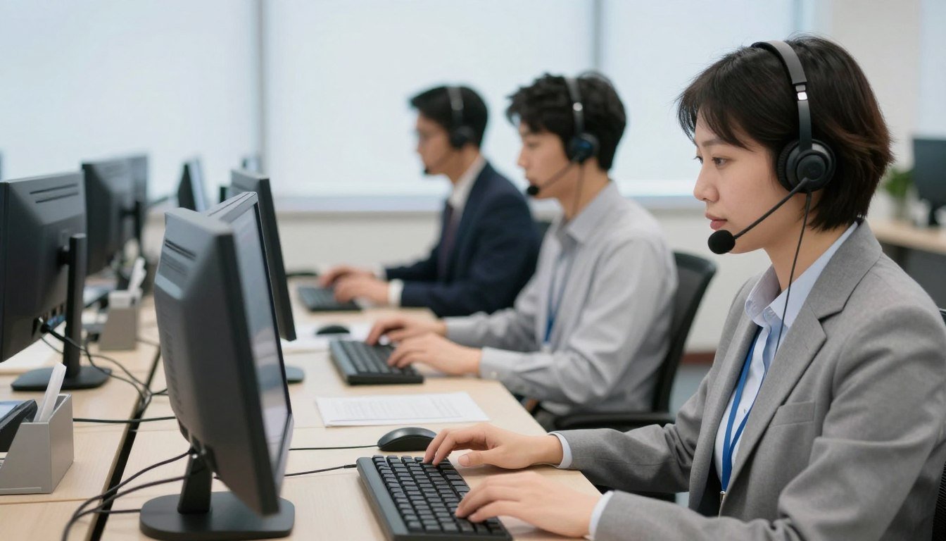 Centro de soporte técnico con múltiples especialistas atendiendo consultas