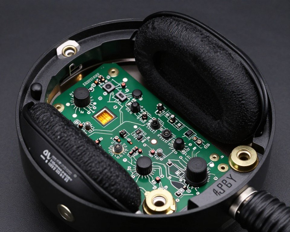 Detalle interno del sensor de auriculares mostrando componentes electrónicos de captura de frecuencias Detalle interno del sensor de auriculares mostrando componentes electrónicos de captura de frecuencias